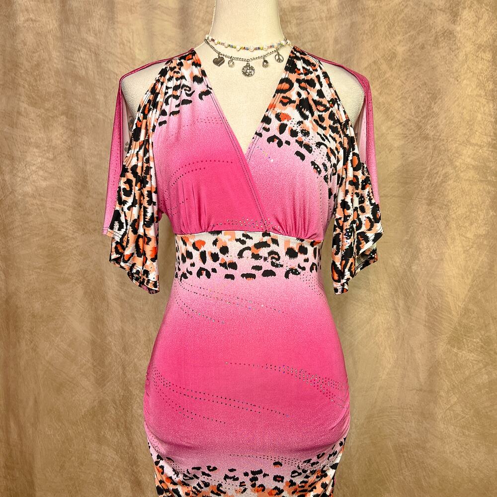 Vintage Y2K Bubble Dress Animal Pink Mini Bodycon Kimono Sleeve Ruched McBling